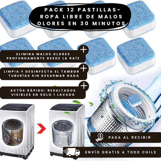 Caja x 12 Pastillas DeepClean - Limpieza automática de lavadoras - Ropa libre de malos olores en 30 minutos