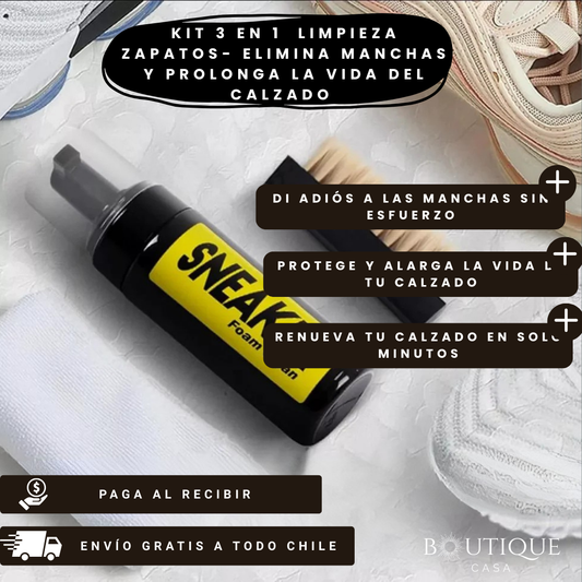 Kit 3 en 1  Limpieza Zapatos - Limpieza Rápida en Seco - Elimina manchas y prolonga la vida del calzado