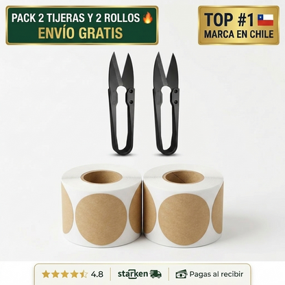 Pack 2 Mini Tijeras de Costura Forma Aguja + 2 Etiquetas Adhesivas Redondas Kraft